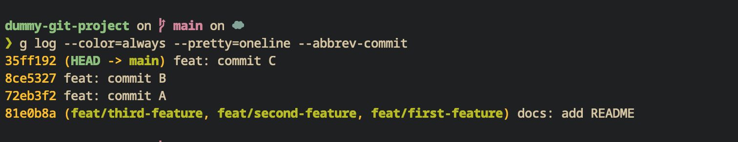 "Output of running the above git log command. 3 lines get printed out, each matching a specific commit. On each line, there is first the commit hash in dark yellow, then the commit message. On the latest commit, between the commit hash and the commit message, there is a (HEAD-> main) that shows the latest commit on the branch."