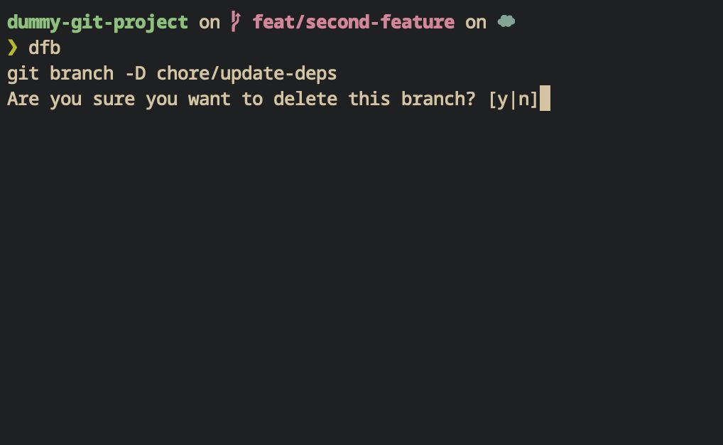 Shows the output of running the function  in the terminal. Once a branch to delete is selected, it shows a confirmation prompt that says, "Are you sure you want to delete this branch? [y|n]"