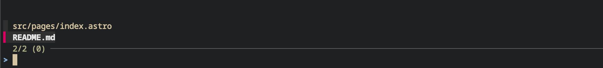 Output of running the command. The screen shows an interactive list of two files: README.md and an index Astro file. It also shows an interactive prompt that enables filtering