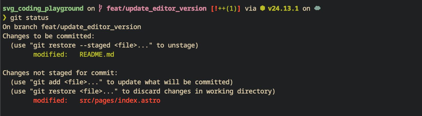 Output of the command. It shows the README in the staging area. The Astro file is still unstaged