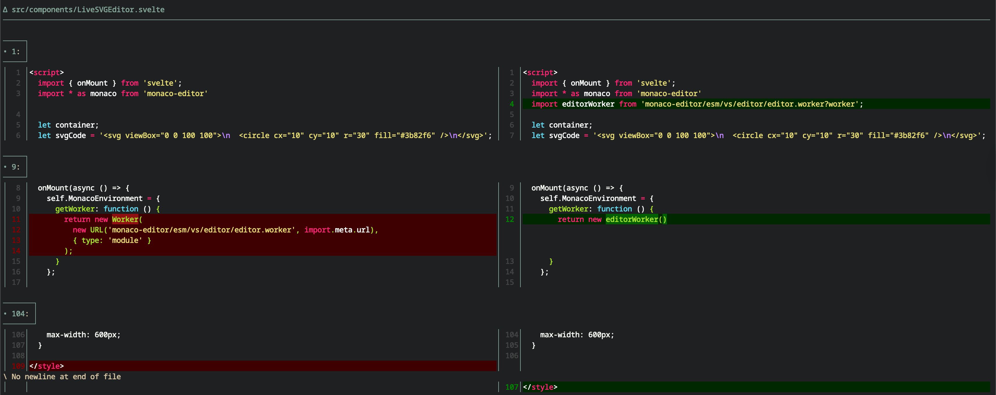 Terminal output of the same git show command after adding delta as the Git pager. The diff is now displayed in a side-by-side view with line numbers. The left column shows the previous version of LiveSVGEditor.svelte with the removed worker initialization code highlighted in red across lines 11–14. The right column shows the updated version with the single replacement line highlighted in green at line 12. The code has full syntax highlighting with keywords and strings in different colors.