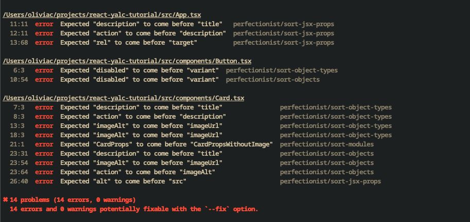 "ESLint errors from perfectionist plugin showing sorting violations in JSX props and TypeScript object types"
