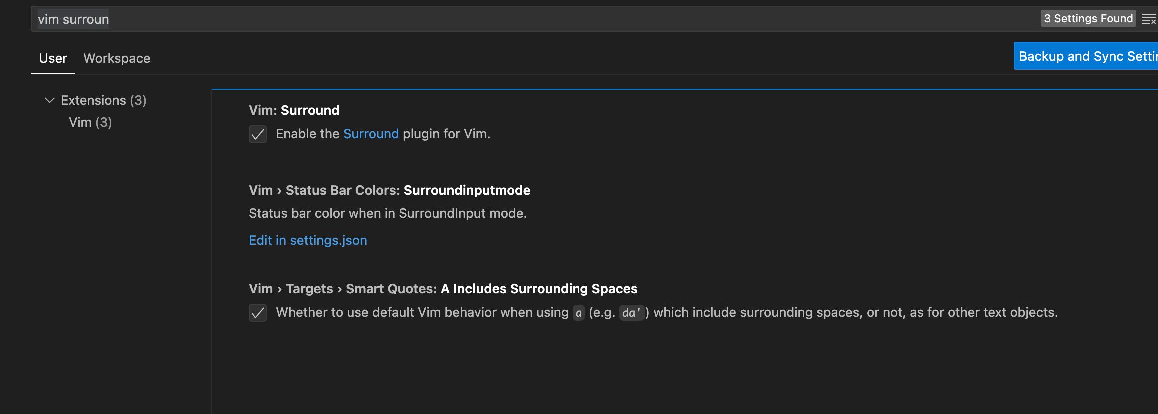 Settings menu open in VSCode. "vim surround" is entered in the search input. There are three settings found. The first is a checkbox to enable the Surround plugin for Vim. The second result is an option to customize the Status Bar color in surround input mode. The third setting is to include surrounded spaces. Both the first and the third checkbox are checked.