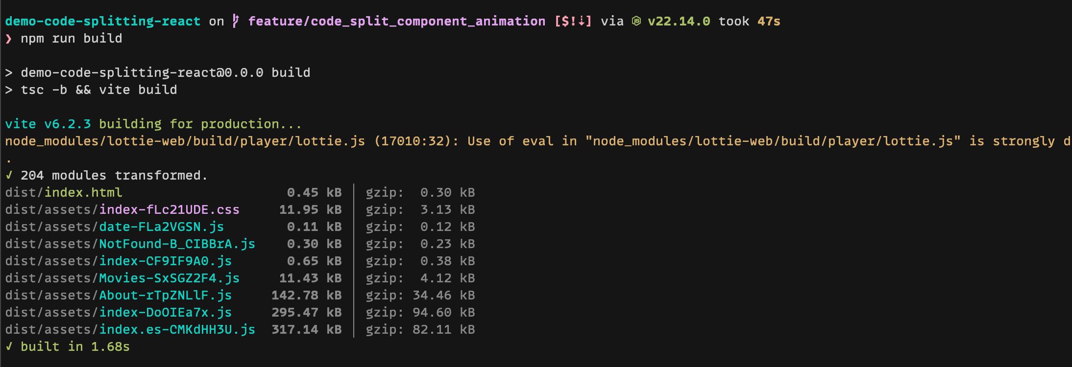 In the terminal window, when running "npm run build", Vite outputs several files. It produces a new index.es-CMK.js that contains the lottie react library. The About page chunk is now 34.46KB.