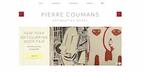 Hero section of the homepage where Pierre Coumans is written in large and bold letters. There is also a portion of a slideshow with current news about the bookshop.