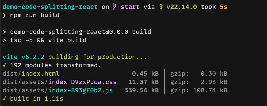 Output of running npm run build. Vite currently generates only one HTML file, one CSS file, and one JavaScript file. The JavaScript file size is already 108.74KB (gzipped)