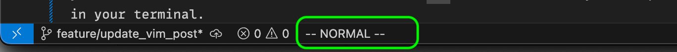 Zoomed-in view of a VSCode status bar with the Vim plugin activated. The current Git branch is displayed, along with a cross icon and a warning triangle icon, showing a zero count. The "NORMAL" Vim mode is highlighted with a marker, making it clear where it appears in the status bar.