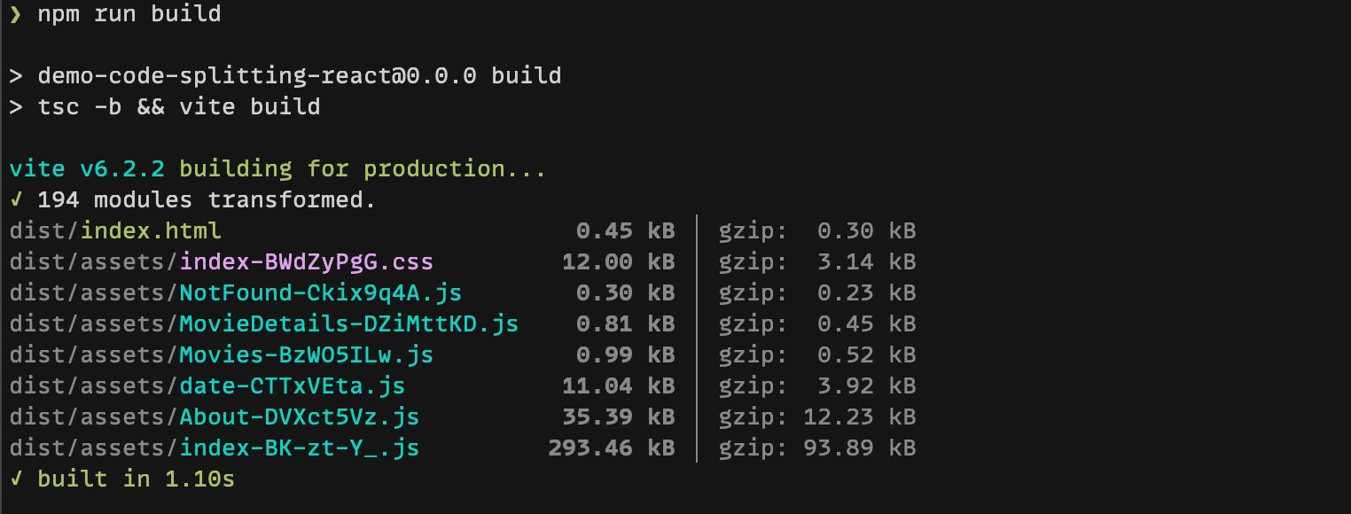 Output of running npm run build. Vite now generates multiple JavaScript files for each route. We now have a MovieDetails.js, a NotFound.js, an About.js, and other files.